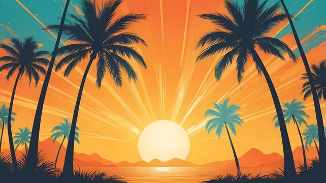 Tropical sunset with palm trees on the beach. Vibrant orange and teal colors create a summer mood. Vector art background.