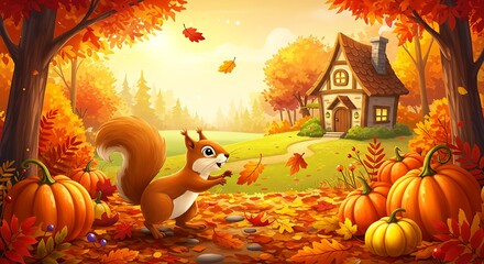 Fototapeta premium Autumn Squirrel and Cottage Scene
