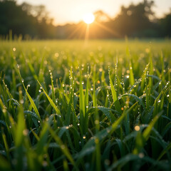 Fototapeta premium Dew-kissed Grass at Sunrise.A close-up view of a field of grass covered in morning dew, bathed in the warm light of sunrise.