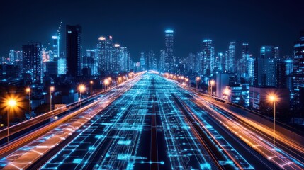 Futuristic cityscape with integrated digital network and vibrant light trails
