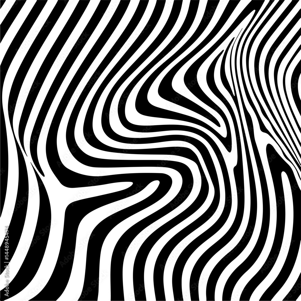 Poster dynamic black and white vector art featuring wavy, hypnotic lines. the abstract pattern creates an o