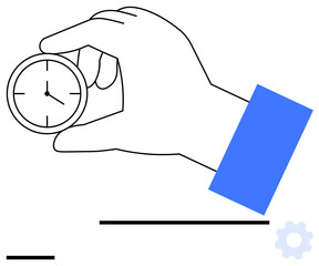 Hand gripping clock, symbolizing time focus and control. Ideal for productivity, punctuality, goal planning, workflow organization, time-saving, minimalistic design, simple landing page