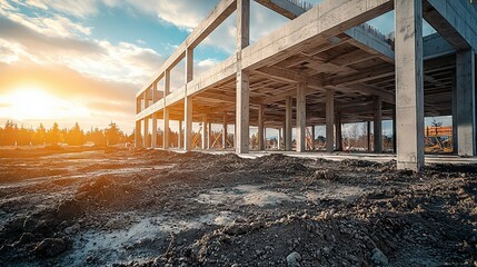 Modern Construction Site with Concrete Structure Under Sunset Sky