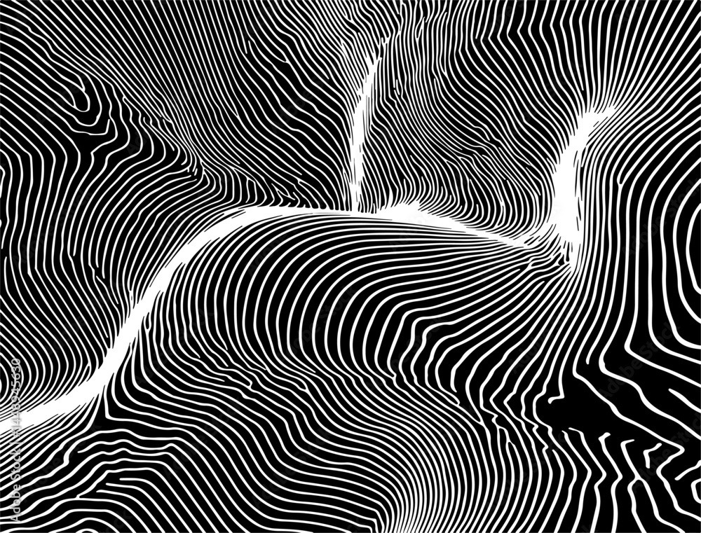 Poster dynamic black and white vector art featuring wavy, hypnotic lines. the abstract pattern creates an o