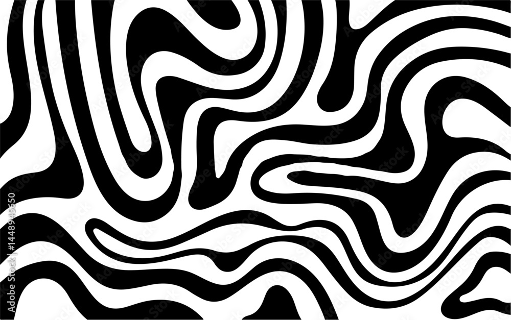 Poster Monochrome wavy stripes twist and turn across the composition, creating an optical illusion effect. This abstract vector art is captivating, contemporary, and perfect for stylish decorative use.