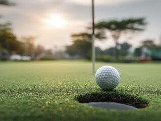 Obraz premium A well-worn golf ball resting on a manicured putting green - light smooth golf