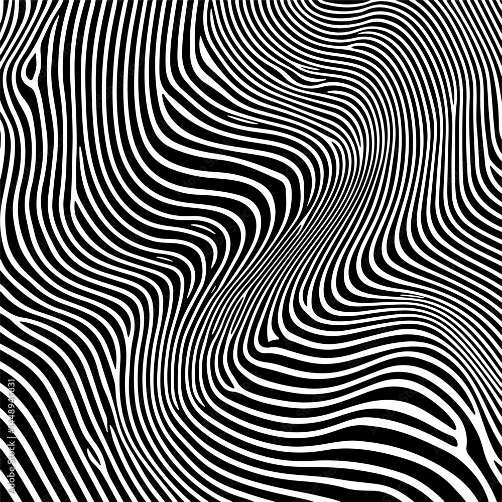 Aufkleber Abstract vector illustration with black and white wavy lines creating an optical illusion effect. The hypnotic pattern is dynamic and visually engaging, evoking a sense of movement and depth.