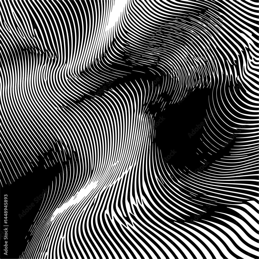 Aufkleber Abstract vector illustration with black and white wavy lines creating an optical illusion effect. The hypnotic pattern is dynamic and visually engaging, evoking a sense of movement and depth.
