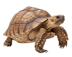Full body shot of an african spurred tortoise, also known as a sulcata tortoise, walking on a transparent background