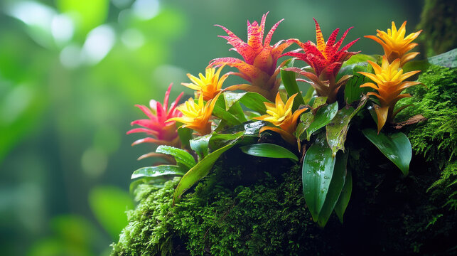 Fototapeta Vibrant bromeliads with red and yellow flowers grow on moss covered branch in lush, misty rainforest, creating serene and colorful natural scene