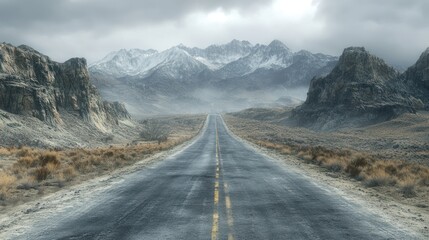 Naklejka premium Endless Road Towards Snowy Mountains: A Journey into the Wilderness