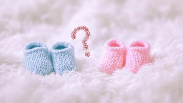 Two baby booties with a question mark on them. The booties are blue and pink. The image has a playful and curious mood