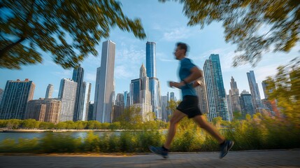 Man jogging along a river path with modern city skyline in the background at sunrise, dynamic motion blur in an urban morning scene