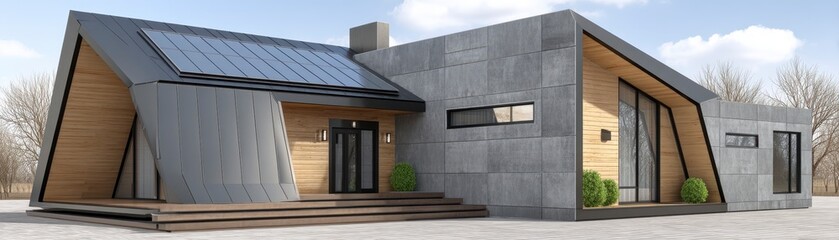 Spacious contemporary home with solar panels, bright sunny day - modern sunlight living lines renewable