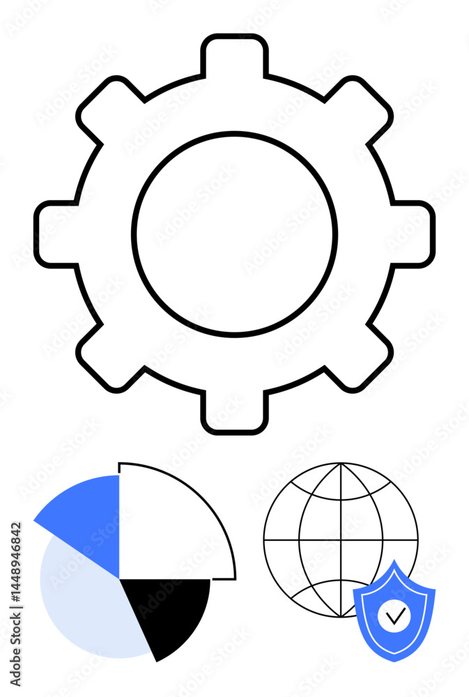 Poster gear symbolizing process, pie chart for data visualization, globe for global connectivity, shield fo