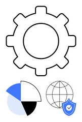 Gear symbolizing process, pie chart for data visualization, globe for global connectivity, shield for cybersecurity. Ideal for business, workflow, security, analytics, technology global network