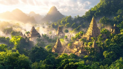 Mystical Sunrise over Ancient Temples in Lush Green Landscape