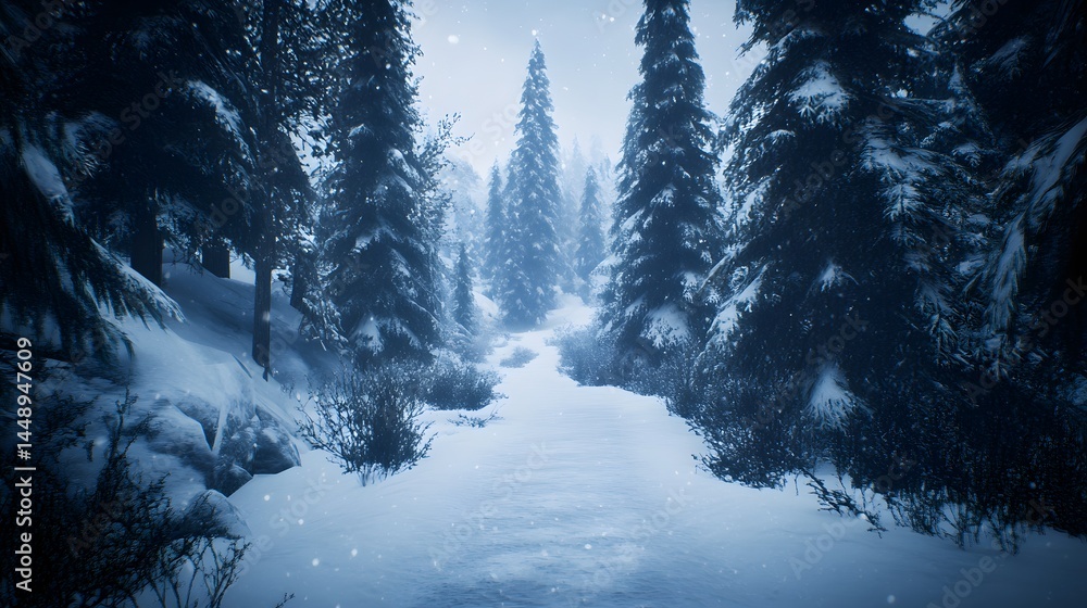 Poster snowy path winds through a serene winter forest. tall evergreen trees covered in snow create a magic