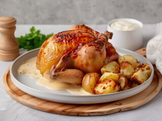 Roasted chicken with potatoes in creamy sauce