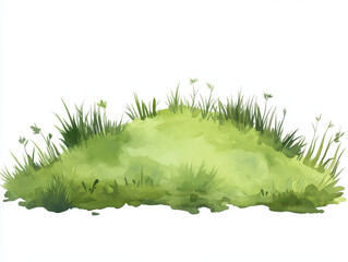 Naklejka premium Lush green grassy hill with various shades of green and delicate blades of grass creates serene and natural landscape. watercolor style adds soft, artistic touch