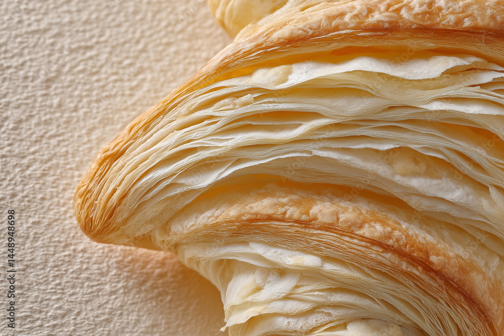 Poster minimalist photo highlights flaky croissant texture with soft layers. close-up view on neutral backg