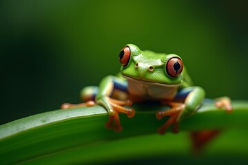 Naklejka premium Tree frog leaf amphibian in tropical amazon jungle.