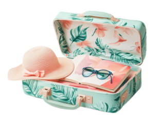 Open suitcase with beachwear: swimsuits, hats, sunglasses and a book. All neatly folded, isolated on a white background