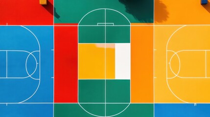 Vibrant Aerial View of Multi-Colored Outdoor Basketball Courts