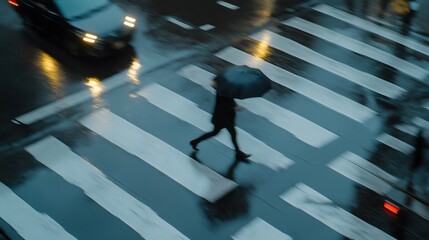 man walking with umbrella across wet crosswalk on rainy day, city lights reflecting on the pavement, motion blur conveying movement and urban atmosphere.