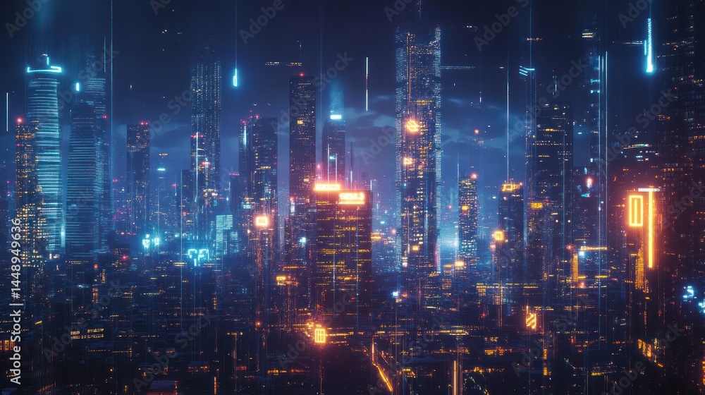 Poster metropolitan visions of future illuminated cityscape with glowing patterns