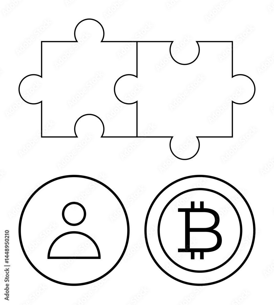 Aufkleber two interlocking puzzle pieces above a user profile icon and bitcoin symbol in circles. ideal for id