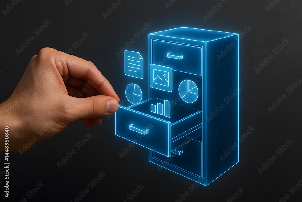Poster a hand selects a drawer from a glowing digital filing cabinet. concept of data organization and virt