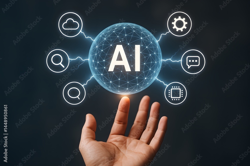 Poster a hand holds a glowing digital ai globe surrounded by connected technology icons. concept of artific