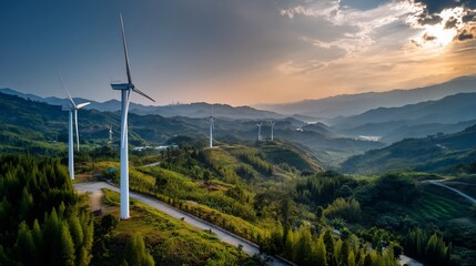 Scenic wind farm nestled in valley at sunset