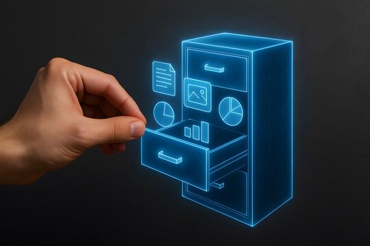 A hand selects a drawer from a glowing digital filing cabinet. Concept of data organization and virtual information access. - Powered by Adobe