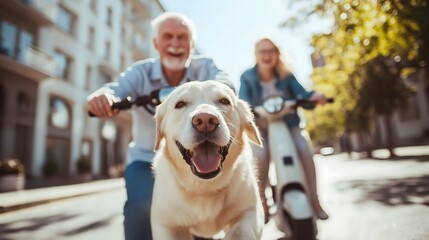 Happy elderly couple riding a bicycle with their dog.