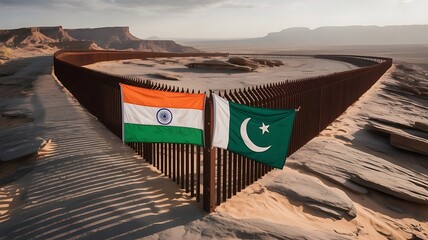 long border fence stretches into the distance with the Indian flag on one side and the Pakistani flag on the other. Rocky or desert between Pak vs India conflict war created with generative ai 