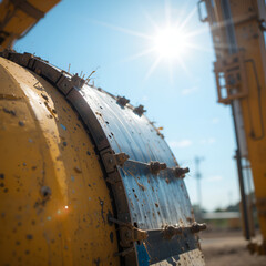Vertical Close up of the metal grouser pad of a yellow contruction machine on a sunny day