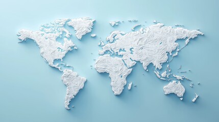 Detailed White Relief Map of the World on a Light Blue Background