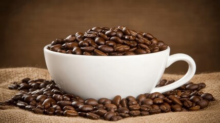 Coffee beans in white cup on rustic burlap background with focus on texture