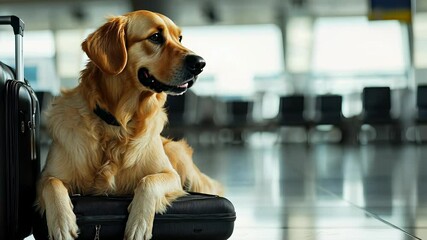 Golden retriever resting on luggage at airport terminal during travel