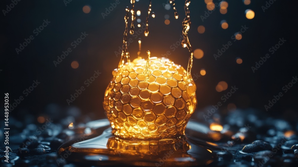 Poster golden honey droplets with hexagonal cells in dark background