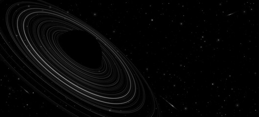 Black hole concept with ring around and starry sky. Minimalistic abstract backdrop. Concentric rings in space. Black outer space. Astronomy presentation cover. Vector illustration