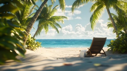 Serene beach scene with a wooden lounge chair under palm trees. White towel rests on the chair, facing a tranquil turquoise ocean. Perfect for relaxation and escape.