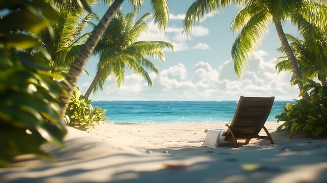 Serene beach scene with a wooden lounge chair under palm trees.  White towel rests on the chair, facing a tranquil turquoise ocean. Perfect for relaxation and escape. - Powered by Adobe