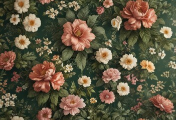 Vintage floral wallpaper with faux blooms and lush greenery ,  faux flower arrangement,  artificial flowers,  leaf