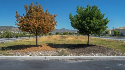 Two trees display different seasonal colors under a bright blue sky in a park setting.