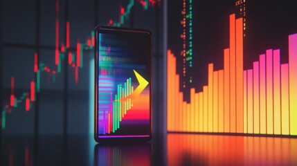 Smartphone displaying upward financial trend against vibrant charts.  The phone screen shows a dynamic graph with vibrant colors, and an upward arrow. 