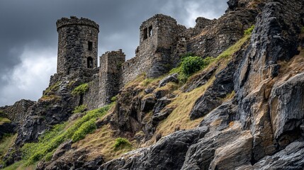 Ancient stone ruins on craggy cliff
