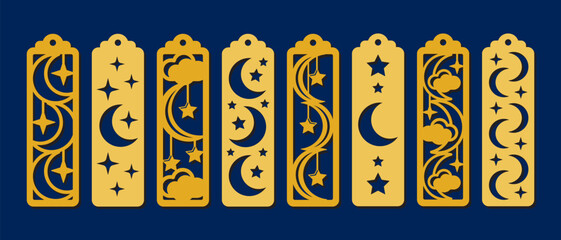 Set of vertical bookmarks with moon and stars. Laser cut template with crescent. Decorative bookmark stencil for paper, wood and metal cutting. Vector design with magic pattern © LanaLana